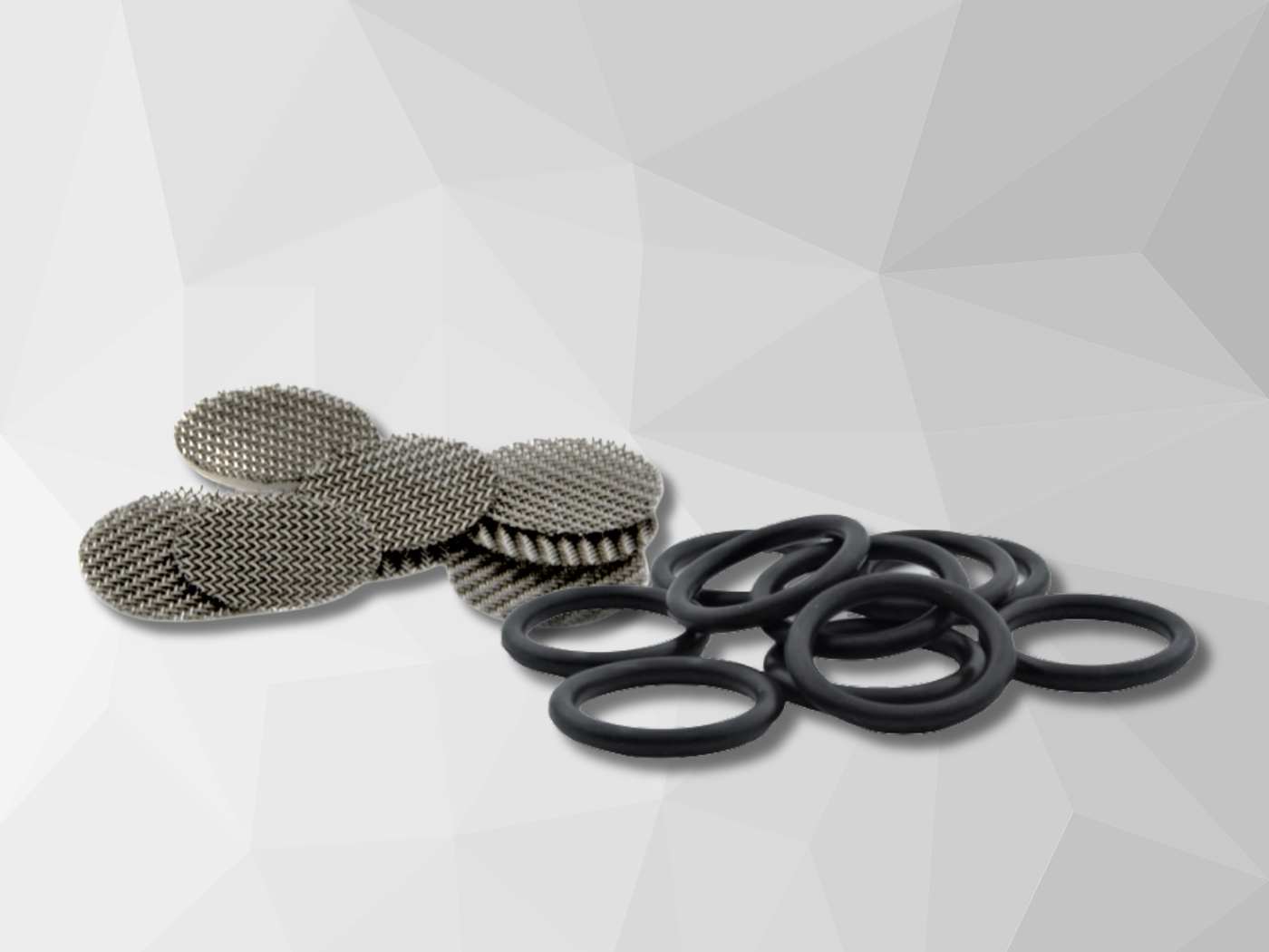 Photo of a grey geometrical background with filters and o-rings