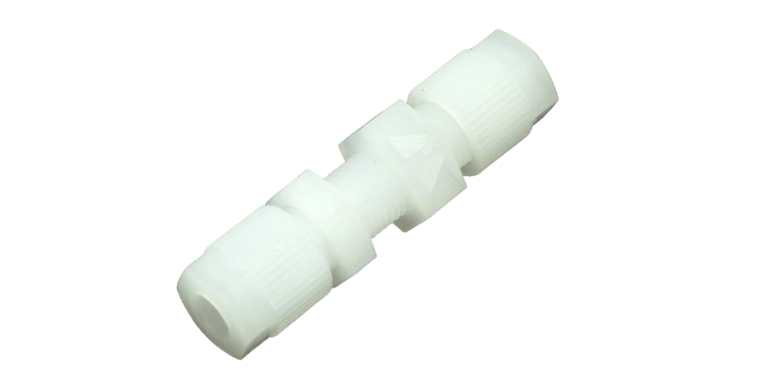 Photo of a white Bulkhead feedthrought for halogen trap EMIA HORIBA