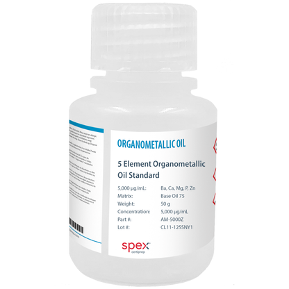 Photo of the Multi-Element Organometallic Oil Standards, 5 Elements, 5,000 µg/g, (50 g) AM-5000Z SPEX bottle