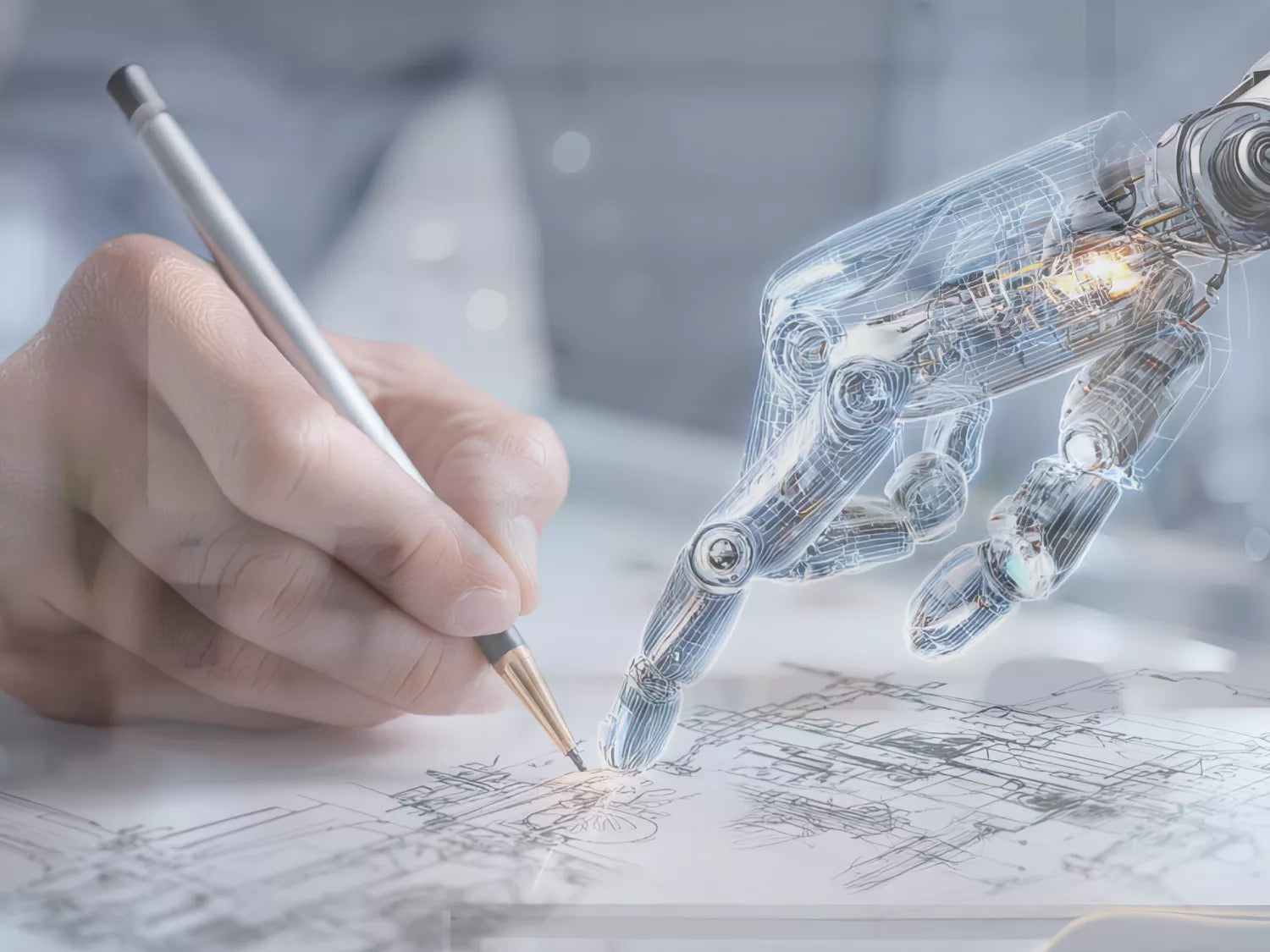 Picture of human hand with a pencil next to a robot IA hand