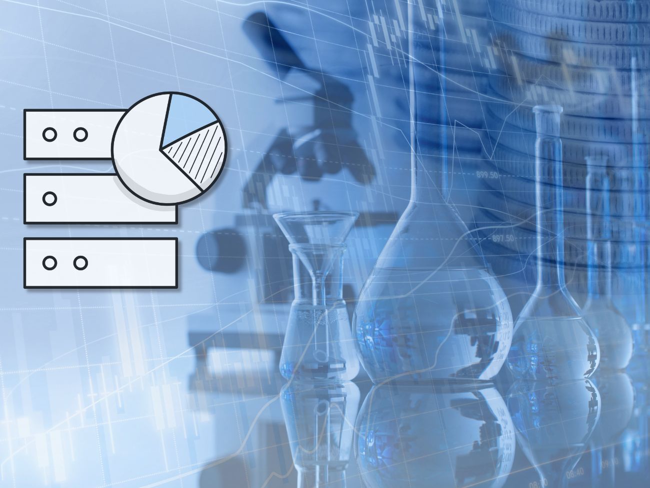 Photo of a microscope, becker, graph and charts. 