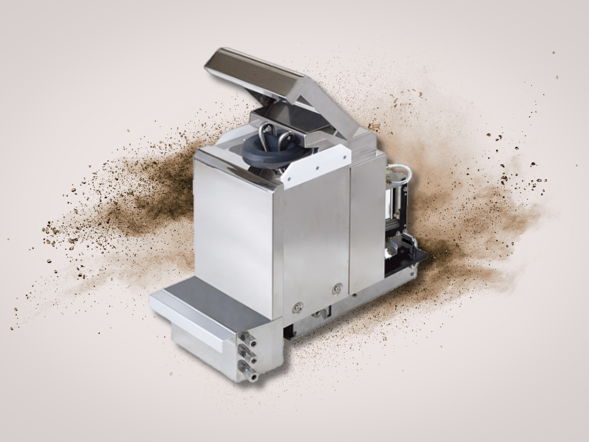 Photo of the MiniFlow Accessory on a beige background with powder sample