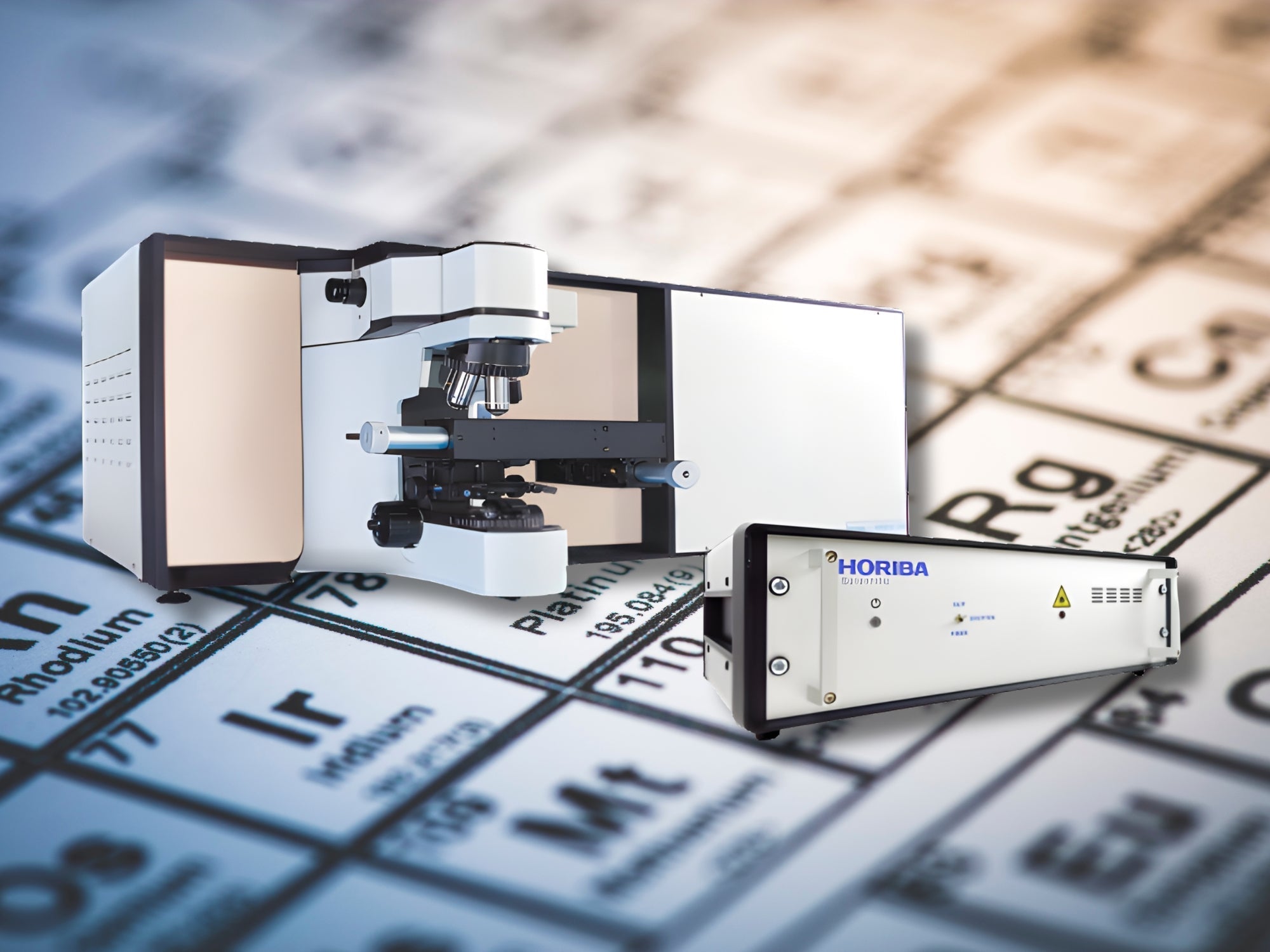 Photo of LabRAM HR Electronics Upgrade with a background periodic table