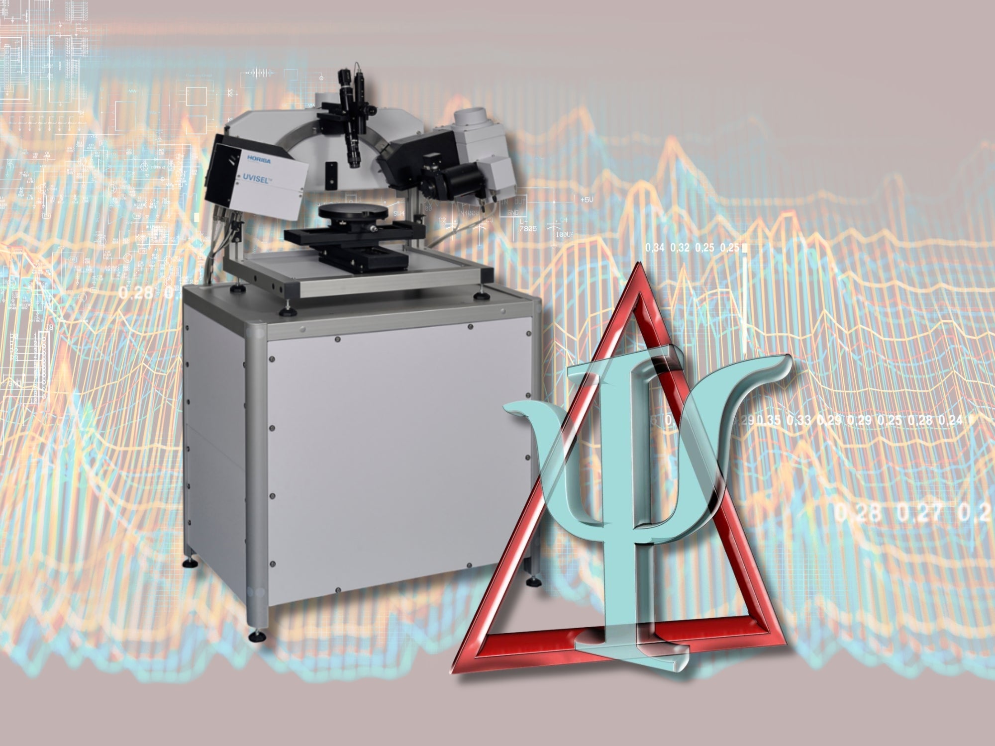 Photo of Uvisel instrument with deltaPsi2 software logo on a data graphic background