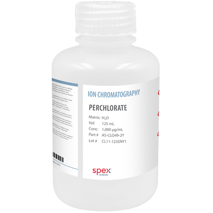 Photo of the Perchlorate (ClO4)- Single-Element Ion Anion Standard, 1,000 µg/mL (1,000 ppm) (125 mL) SPEX bottle