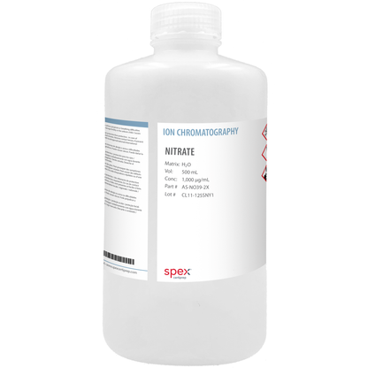 Photo of the Nitrate (NO3)- Single-Element Ion Anion Standard, 1,000 µg/mL (1,000 ppm) (500 mL) SPEX bottle