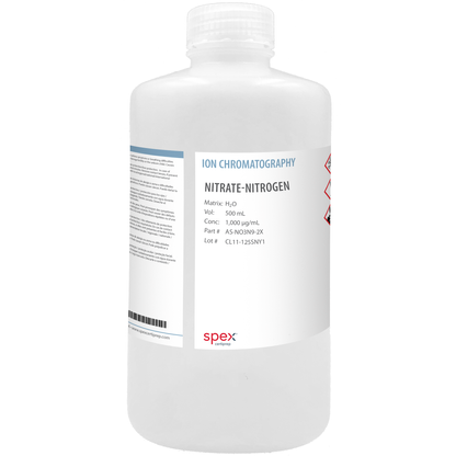 Photo of the Nitrate-Nitrogen Single-Element Ion Anion Standard, 1,000 µg/mL (1,000 ppm) (500 mL SPEX bottle