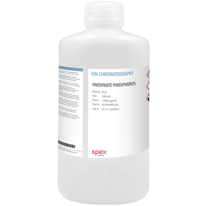 Photo of the Phosphate-Phosphorus Single-Element Ion Anion Standard, 1,000 µg/mL (1,000 ppm) (500 mL) SPEX bottle