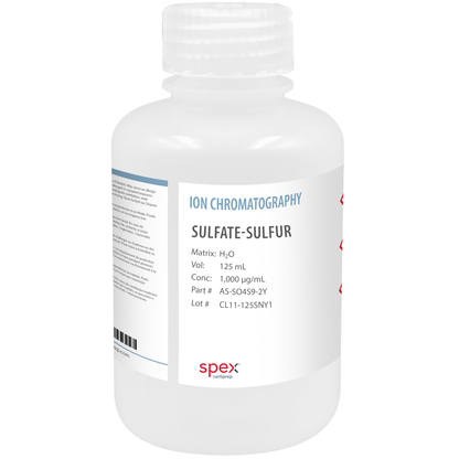 Photo of the Sulfate-Sulfur Single-Element Ion Anion Standard, 1,000 µg/mL (1,000 ppm) (125 mL) SPEX bottle