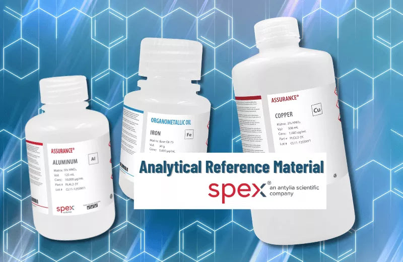 3 bottle of SPEX Chemical and analytical solution on a blue background