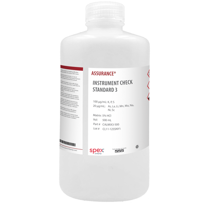 Photo of the Assurance® Instrument Check Standard 3 for AA & ICP (500 mL) CALMIX3-500 SPEX bottle