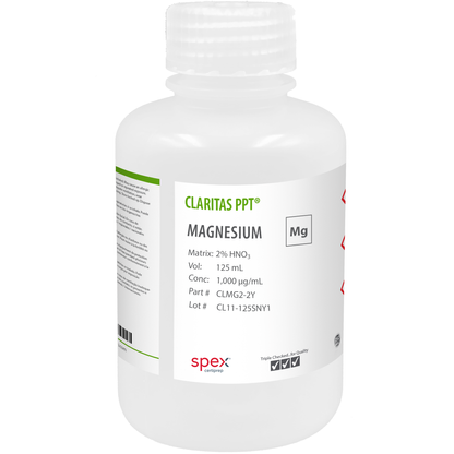 Photo of the Claritas PPT® Magnesium, 1,000 µg/mL (1,000 ppm) for ICP-MS(125 mL) CLMG2-2Y SPEX bottle