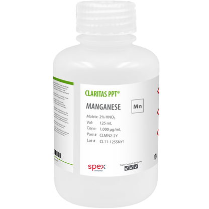 Photo of the Claritas PPT® Manganese, 1,000 µg/mL (1,000 ppm) for ICP-MS (125 mL) CLMN2-2Y SPEX bottle