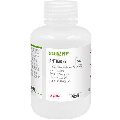 Photo of the Claritas PPT® Antimony, 1,000 µg/mL (1,000 ppm) for ICP-MS (125 mL) SPEX bottle