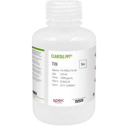 Claritas PPT® Tin, 1,000 µg/mL (1,000 ppm) for ICP-MS (125 mL) CLSN2-2Y SPEX bottle
