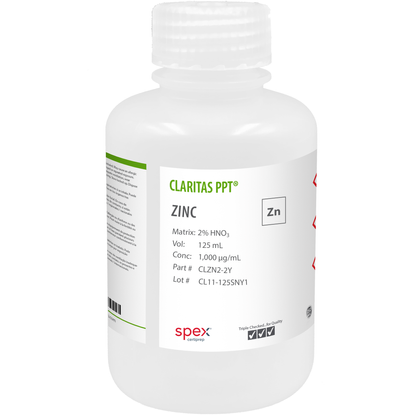 Claritas PPT® Zinc, 1,000 µg/mL (1,000 ppm) for ICP-MS (125 mL) CLZN2-2Y SPEX bottle