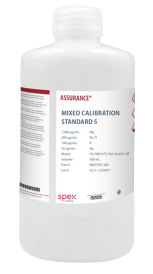 Photo of a bottle of Mixed Calibration Standard 5 500mL SPEX