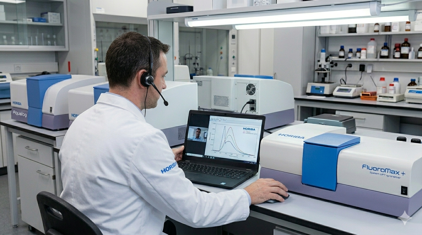 Photo of a HORIBA expert during a Remote Fluorescence Application Support in a laboratory
