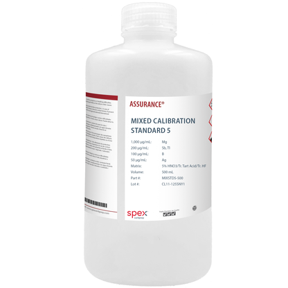Photo of a bottle of Mixed Calibration Standard 5 500mL SPEX bottle