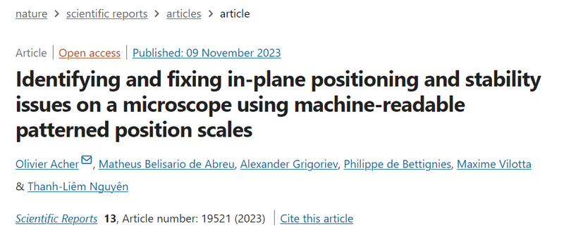 Photo od a Scientific article about "Identifying and fixing in-plane positioning and stability issues on a miscroscope using machine-readable patterned position scales" (Scientific Reports)